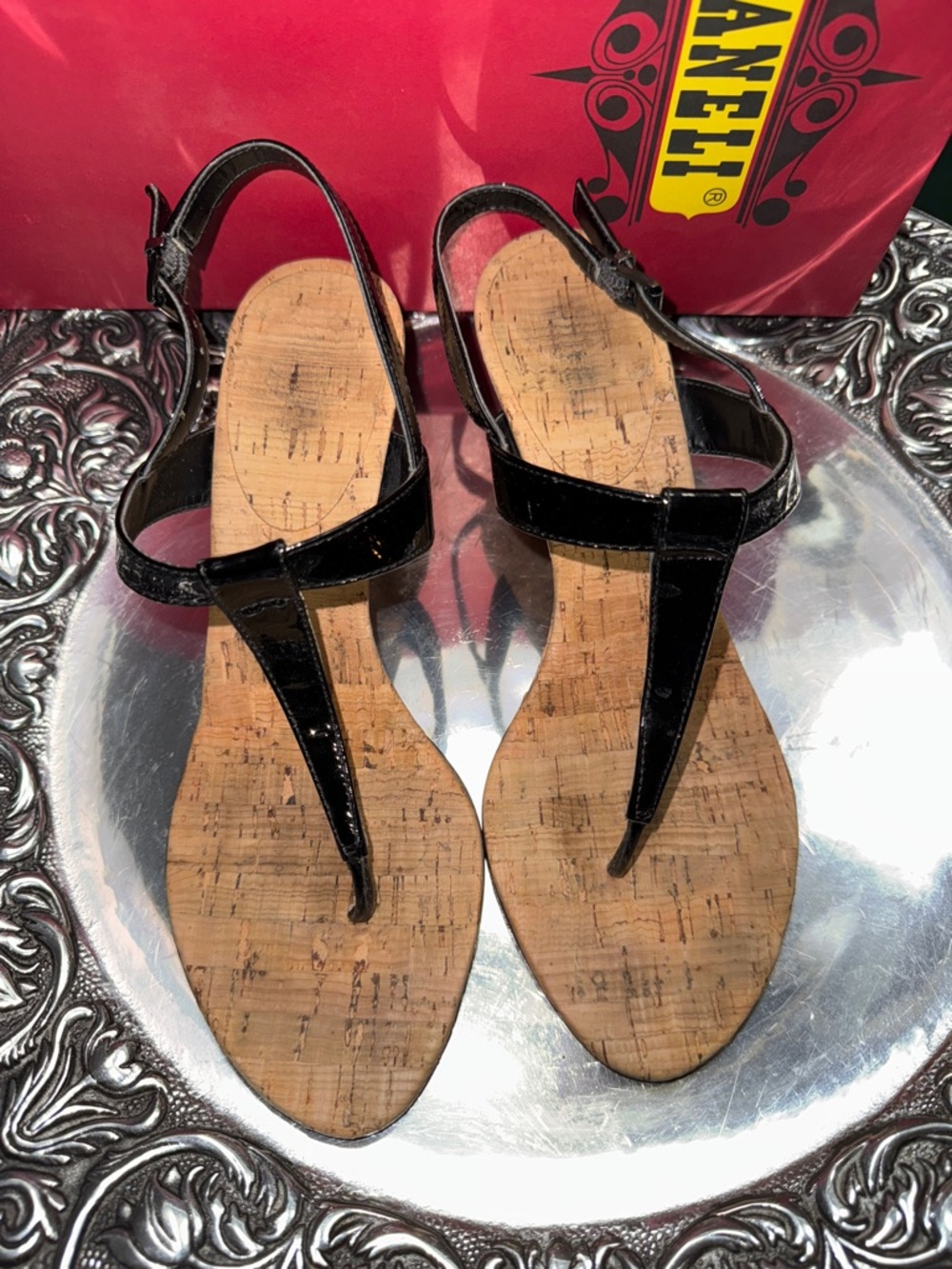 Vaneli Black Patent T-Strap Cork Footbed Sandals size 8N